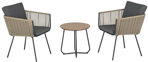 Outsunny Conjunto de Muebles de Jardín Juego de 3 Piezas Muebles de Ratán 1 Mesa Redonda y 2 Sillas Butaca con Cojines Acolchados para Balcón Terraza Acero Caqui y Gris