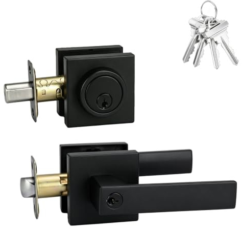 Matte Black Exterior Door Handle with Lock and Deadbolt Set for Front Door