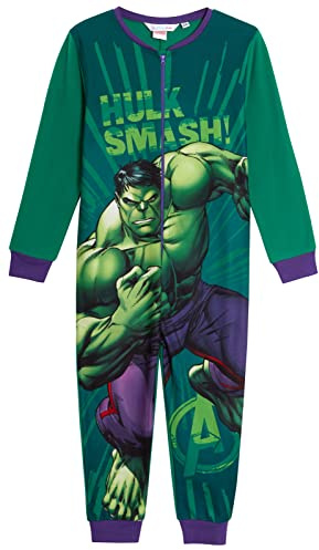 Marvel The Incredible Hulk Pigiama in pile per ragazzi, tuta intera con zip, per bambini, pigiama da notte e per il tempo libero, Verde, 7-8 Years