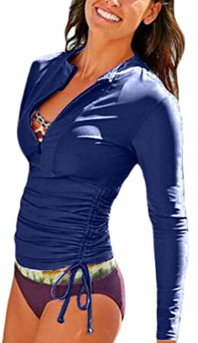 ORANDESIGNE Femme Fille Maillot de Bain Rashguard Manches Longues Tankini Protection Solaire Anti-UV T-Shirt Top de Sport pour Vacances Surf Plage Natation A Bleu Foncé L