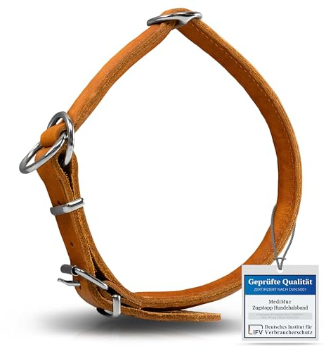 Rund & Weich Zugstopp Hundehalsband, Cognac, XXL - 65cm Lederhalsband mit Zugbegrenzung und Verstellbarer Schnalle, Dressurhalsung, Zugstopper, robust, Rindsleder