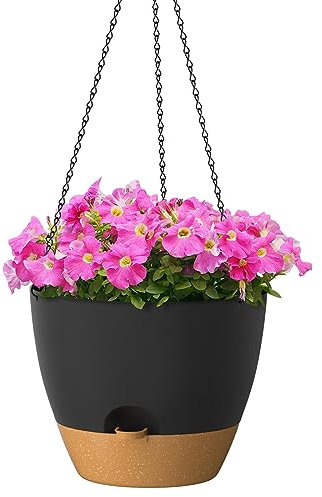 ZMTECH 30 cm Hängetopf für Pflanzen mit Bewässerungslippe Selbstbewässernder Pflanzentopf mit Abflusslöchern und abnehmbarem Untersetzer aus Kunststoff für Innen- und Außenpflanzen (2er-Set, Schwarz)