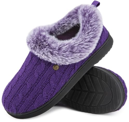 HomeTop Women's Cable Knit Slippers with Fuzzy Collar Purple, 5-6 UK