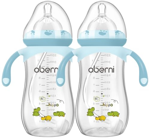 Oberni Anti-Colic Baby Bottles, 330ml / 11oz Weigthed Toddler Milk Feeding Bottles with Size “+” Variable Flow Teat for 12m+, Blue/Pack of 2
