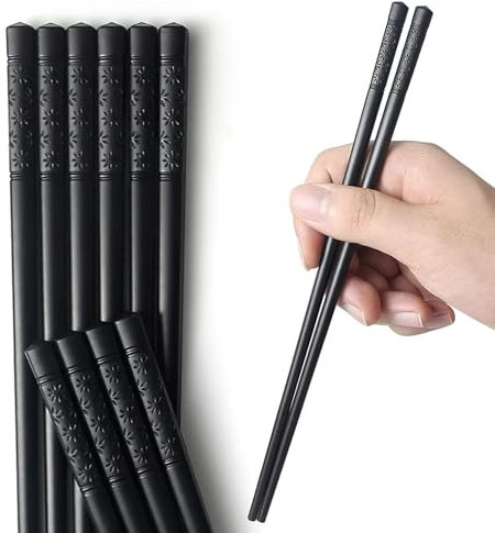 5 Paia di Bacchette Riutilizzabili, Bacchette in Resina Plastica Lavabili in Lavastoviglie, Bacchette Cinesi con Motivo per Incisione, Bacchette Sushi Antiscivolo per Adulti 24 cm (Nero)