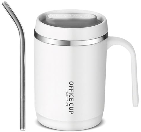 Kytpyi Tazzine Caffe, Tazza Termica, 400ml Moda Acciaio Inossidabile a Doppio Strato Termos Caffè con Coperchio 1 Cannuccia, Bicchiere Termico per Casa Scuola Ufficio (Bianco)