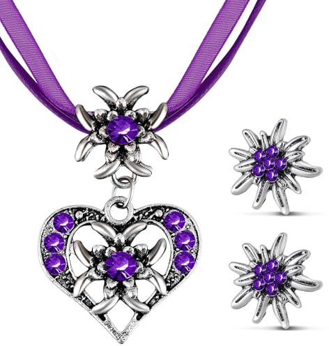 Patelai 3 Stück Trachtenschmuck Set Bayerisch Dirndlschmuck Trachtenkette mit Strass Edelweiß Herz Anhänger und Edelweiß Ohrstecker für Damen Bierfest Trachten Dirndl Outfit Accessoires(Lila)