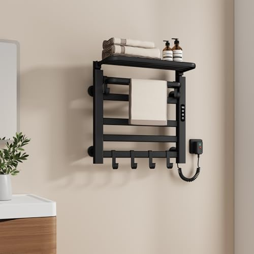 EMKE Toalleros Eléctrico de baño 500 x 500 mm, 140W, Negro | Radiador Toallero eléctrico con Temperatura Constante, Secador de Toallas con Estante ,Control de Temperatura Inteligente