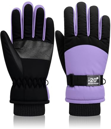 Geyoga Jetec Kids Waterproof Winter Snow Ski Gloves for Boys Girls Warm Thickening Snowboard Gloves Outdoor(Light Purple,6-10 Years)