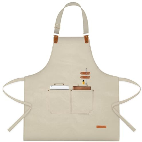 APRONPANDA Aprons for Men Women with Pockets, Waterproof Adjustable Chef Apron for Cooking, Baking, Gardening, BBQ, Craft Working, Painting (Beige)