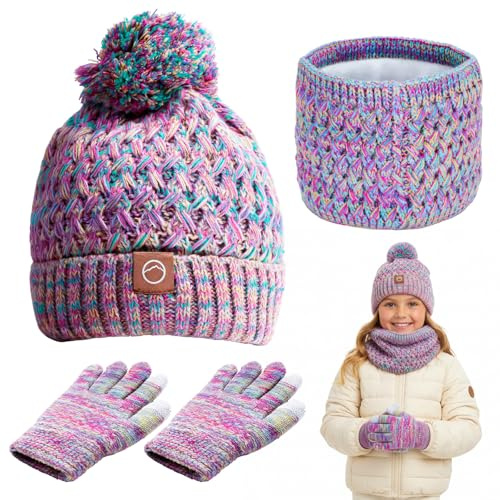 YUFFQOPC Kids Hat Scarf Gloves Set, 3 In 1 Knit Warm Toddler Winter Cap Gloves Neck Warmer, Warm Thermal Knitted Beanie Cap Snood Neck for Girls 3-12 Years, Purple