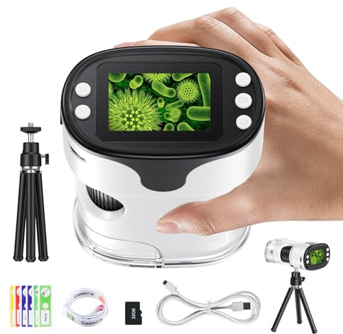 Jradse Microscopio Digital 1000X de Mano, Microscopio Mini de Bolsillo Portátil para Niños con Pantalla HD 2 Pulgadas 4K, Recargable USB, Regalo Juguete Ciencia Stem para Niños