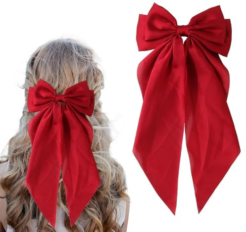 Bow Hair Clip,Red Hair Bows for Women,Long Ribbon Red Bows for Hairs with Clip,Soft Silky Wide Satin RedHair Bow, Women and Girls Daily Dressing, Performance Ball, Date, Wedding, Party