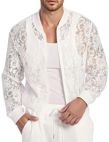 AIEOE Uomo Sexy Top in Maglia Pizzo Muscolare Shirt Trasparente Giacca Casual per Night Box S-XXL, bianco, M