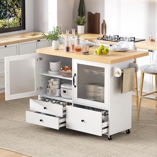 YEHTOKHOME Îlot de Cuisine avec Plan de Travail Extensible 42–70 cm, Meuble Cuisine avec Rangement, Portes Verre Mat, 3 Tiroirs, Supports Torchons, 5 roulettes, Porte-Verre à Vin (A-Blanc)