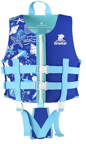 Swim Jacket for Kids – Child Shark Design Floatation Vest, Navy Blue, Neoprene, Buoyancy Aid With Zipper Closure, Navy Blue, S (2-3 Years)