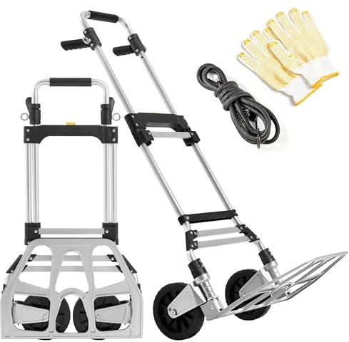 Yaheetach Vikbar säckkärra, 150 kg lastbar med långt teleskophandtag i aluminium 88,5–115 cm, spänngummi och handskar, för shopping/flytt/trädgård