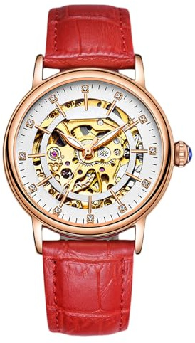 RORIOS Montre Mécanique Automatique Femme Lumineuses Montre Diamant Simulé Squelette Dames Montres, Rouge A, Sangle, Rouge A, Sangle