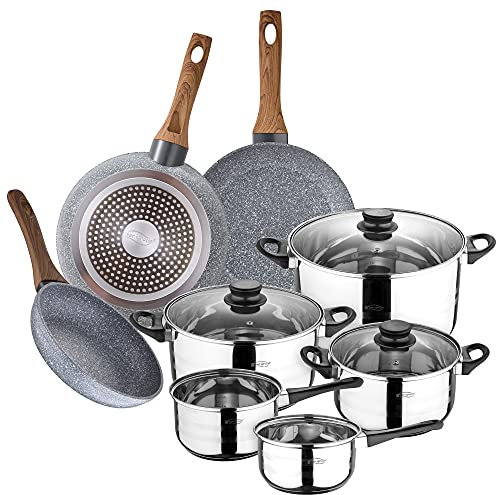 San Ignacio Bateria de cocina 8 piezas en acero inoxidable, con juego de sartenes en aluminio forjado, inducción, PK3151, 18/20/24 + Bateria