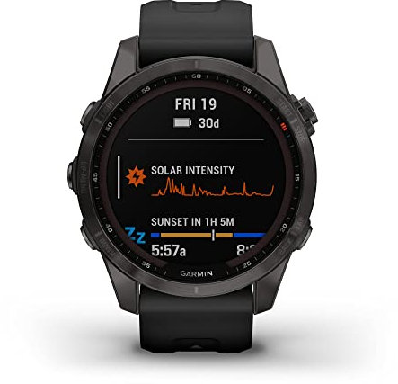 Garmin Fenix 7S Sapphire Solar, Smaller Adventure smartwatch, with Solar Charging Capabilities, Rugged Watch with GPS, Touchscreen, Wellness Features, Carbon Gray DLC Titanium with Black Band