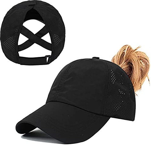 Baynetin Pferdeschwanz Baseballkappe Damen Sommer Einstellbare Schnell trocknende Masche Atmungsaktiv Baseballmütze Unisex Criss Cross Hüte Sport Mütze (Schwarz)