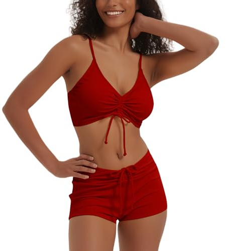 meioro Maillots de Bain uni pour Femme Bikini Short noué sur Le Devant Ensembles Maillots Deux pièces Femme Swimwear athlétiques Maillot de Bain Taille Haute Beachwear