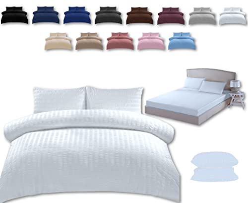 TheWhiteWater Double Duvet Cover Set - 3 in 1 - Double Bedding Set - Duvet Cover + Fitted Sheet + 2 Matching Pillowcases (White, Double - Duvet Cover + Fitted Sheet)