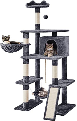 Yaheetech 177cm Cat Tree for Indoor Cats, Large Cat Tower with House & Scratching Posts, Condo with Perch & Basket & Hammock Pet Activity Centre, Dark Gray
