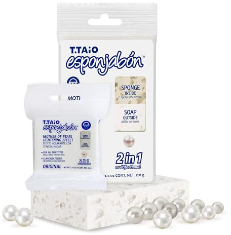T.Taio Esponjabon Mother of Pearl Soap Sponge - Refreshing Shower Scrubber for Bath Wash & Oil Removal - Bathroom Necessities with Invigorating Scents - Mini Pearl Included