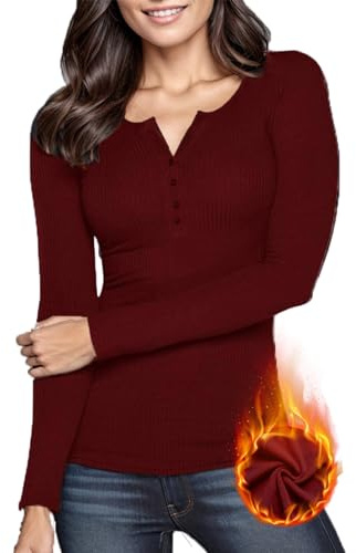 WOWENY Womens Thermal Tops with Button Base Layers Ribbed Ladies Long Sleeve Tops T Shirts Stretch Plain Slim Fit,Wine red,S