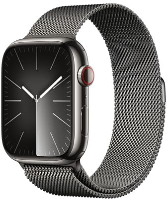 Apple Watch Series 9 (45 mm GPS + Cellular) Smartwatch avec boîtier en Acier Inoxydable et Bracelet Milanais Graphite. Suivi de l’activité Physique, apps Oxygène sanguin et ECG, résistance à l’Eau