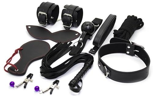 BONDAGERIE® Kit Nero starter completo da otto pezzi, Manette, Collare con Guinzaglio, Paletta, Pinze, Corda, sacco in raso incluso
