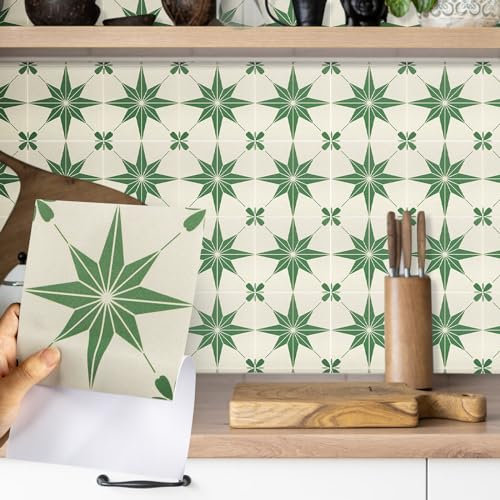 Fantasnight Tile Stickers Green, Stars Stick on Tiles Matt 15x15cm 12Pcs, Vinyl Self Adhesive Wall, Waterproof Peel and Stick for Bathroom, Removable Backsplash for Kitchen