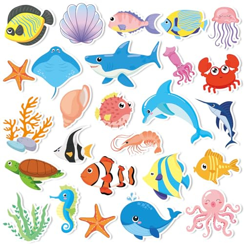 MARFOREVER 50 PCS Sea Animal Window Clings, Ocean Thick Gel Clings Stickers Removable Reusable Jelly Stickers Underwater Fish Shark Turtles Decals for Classroom Nursery Airplane Car Plane Decorations