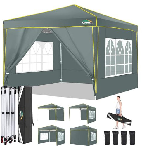 COBIZI Tonnelle pliante 3 x 3 m - 3 x 3 m - Imperméable et stable - Résistant à l'hiver - Avec 4 parois latérales 3.0 - Protection UV 50+ - Tente de réception - Pour plage, mariage, camping - Gris