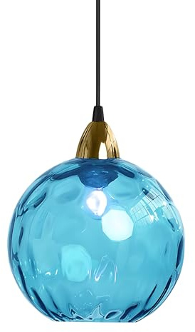 XIRYTU-H 15cm/5.9'' Industrial Vintage Spherical Glass Pendant Light, E27 Ceiling Hanging Lamp, Gold Finish & Ripple Glass Globe Shade, Dining Room Bedroom Chandelier (Azure Blue, 15cm)