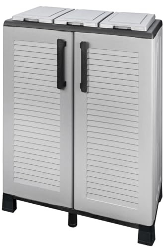 INTEC - Schrank für Mülltrennung 3 Mülleimer Hellgrau 68 x 37 x 90cm 2 Türen 4 Füße