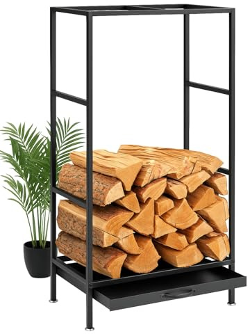 DanDiBo Vedhylla, inomhus, metall, svart, 80 x 50 x 25 cm, vedhylla, träförvaring, vedställ med låda