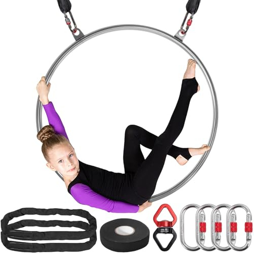 DASKING Aro aéreo 2 Puntos, 80 85 90 cm Acero Inoxidable con Bolsa portátil Resistente, Capacidad de 226kg, Aerial Hoop Kit Anillos de Aparejo de Yoga para Fitness, Entrenamiento de Circo