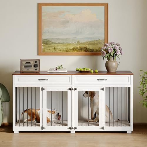Jaula para perros XXL, jaula para perros con 2 cajones y 2 puertas, caja para perros grandes y medianos, mesa auxiliar, caseta interior, casa para perros para el hogar, blanco, 164 x 60 x 80 cm