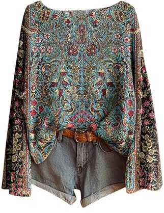 Pulls Femme Vintage Imprimé Floral Bohème Pull Over Tricoté Chic Et Élégant Col Rond Manche Longue Sweater Motif Jacquard Hauts Oversize Casual Vetement 2025 Femme Décontractés