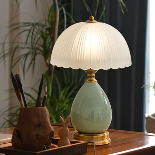Mengjay Lampe de Table Vintage en Céramique,Lampe Chevet de Nuit verre Abat-jour Chambre,Lampe de Bureau Salon D'étude à coucher Lampes décoratives de Club (Vert)