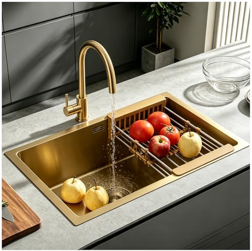 OMGMTSTORE Diskbänk i rostfritt stål 75 x 45 cm, underbyggnad/överbyggnad, diskbänk, kök, liten, borstad diskbänk i guld med kökskran, vikbar silkorg, avloppsfilter och överflödesset