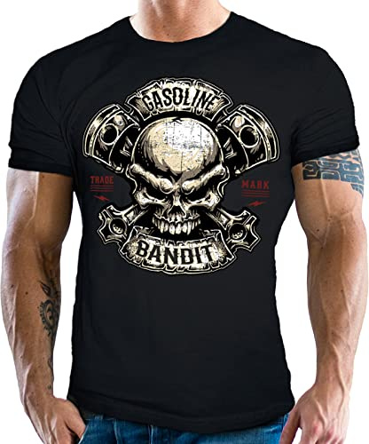 Gasoline Bandit - Camiseta - Estilo Biker Racer - Motivo: cráneo con pistón, Negro , M