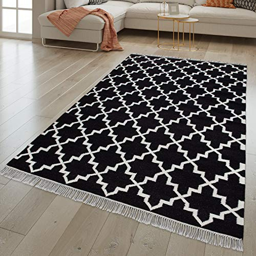 TT Home Alfombra Salón Diseño Oriental Tejida A Mano Flecos Lana Negro, Tamaño:160x230 cm
