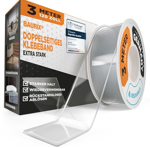 BAURIX® Cinta Doble Cara [3m] - Cinta de doble cara extrafuerte - Adhesivo doble cara transparente y lavable - Cinta Adhesiva versátil - Adhesivo doble cara extrafuerte