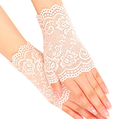 iSpchen Damen Spitzenhandschuhe Brauthandschuhe Hochzeithandschuhe Netzhandschuhe Sommer Sonnenschutz Spitzen Blume Handschuhe Kurz Fingerlose Fahrradhandschuhe für Damen Hochzeit, Party, Kostüm