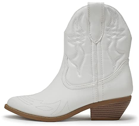 Soda Women Cowgirl Cowboy Western Stitched Ankle Boots Pointed Toe Short Booties Rigging-S (White/Nude, 8.5)