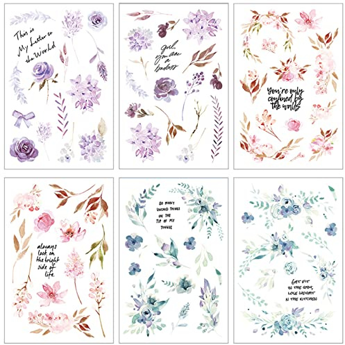 6 hojas de pegatinas para libros de recortes, plantas, pegatinas vintage de flores, diarios, pegatinas washi, transparentes, flores, pegatinas para vacaciones, pegatinas de transferencia de primavera