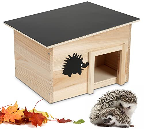 JAZUIHA Igelhaus Winterfest mit Boden - Igelhotel Holz mit witterungsbeständigem Dach - Unterschlupf Residenz für Igel im Garten - klein Igelfutterhaus mit Labyrintheingang, BTH 28x22x20 cm